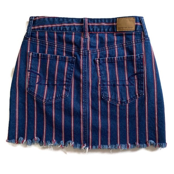 American Eagle High Rise Striped Denim Mini Skirt Frayed Hem Patriotic RWB - Picture 5 of 10